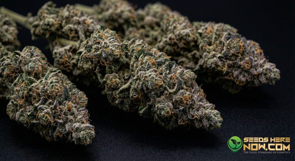 Permanent Marker strain close(space)up showing frosted trichomes and dense bud structure