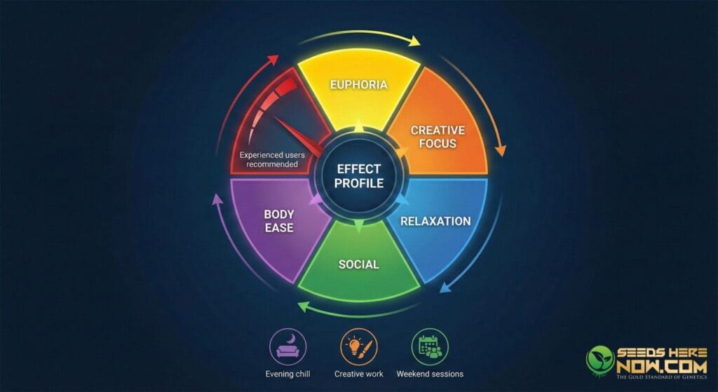 Permanent Marker strain effects wheel infographic showing balanced hybrid properties and use cases