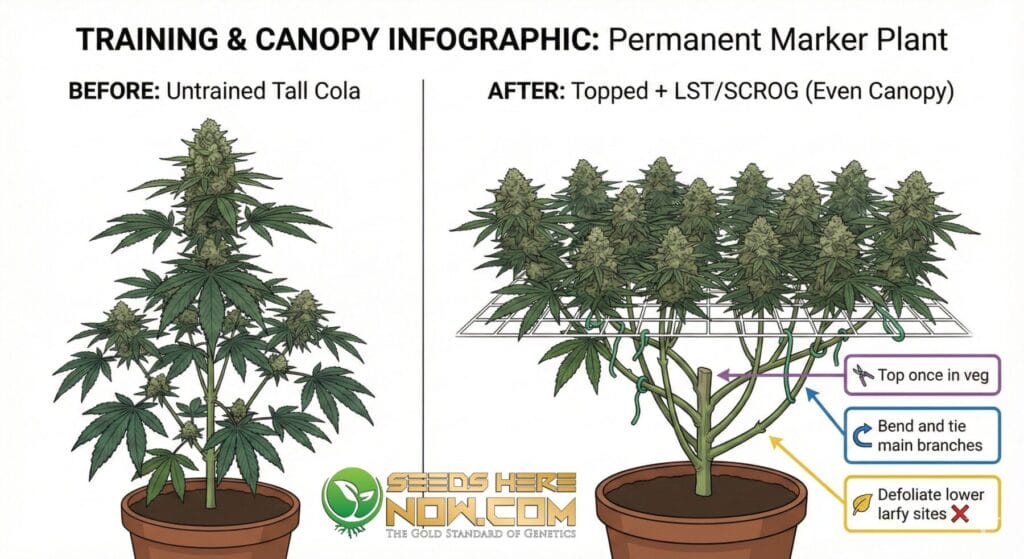 Permanent Marker strain canopy management infographic showing plant structure and training techniques