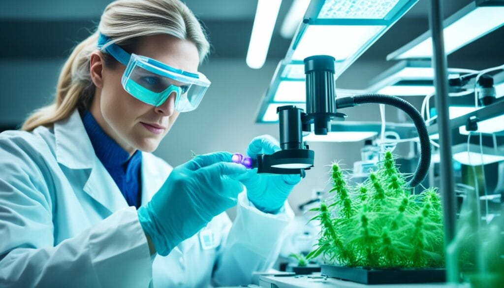 Scientist employing genetic editing techniques on feminized pot seeds