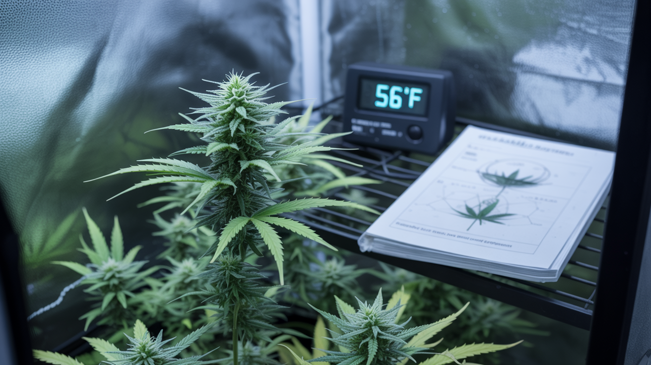Cannabis plant in cold environment showing increased trichomes at 56 degrees Fahrenheit