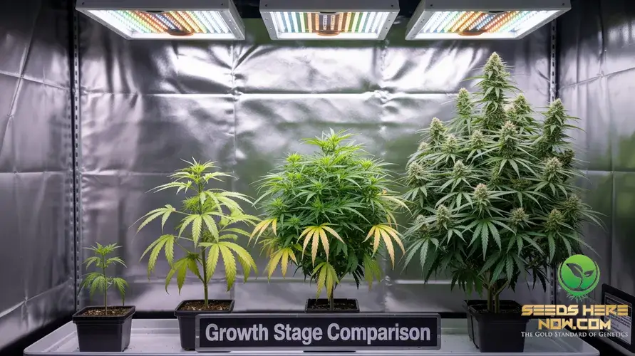 How To Grow Cannabis Indoors: Complete Beginner'S Guide – a(space)photograph(space)depicting(space)four(space)cannabis(space)plamts in growth stages