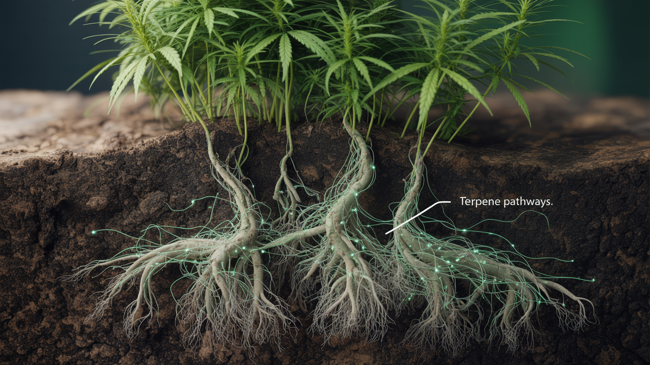 Cross(space)section of living cannabis soil with visible roots and glowing microbial lif