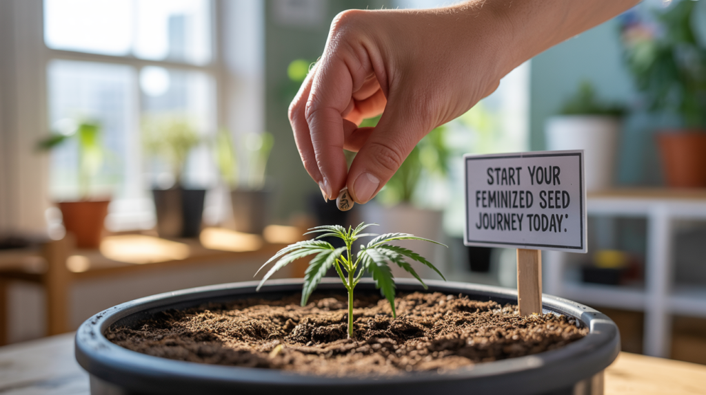 a hand holding a seedling of a plant of Feminized cannabis seeds 
