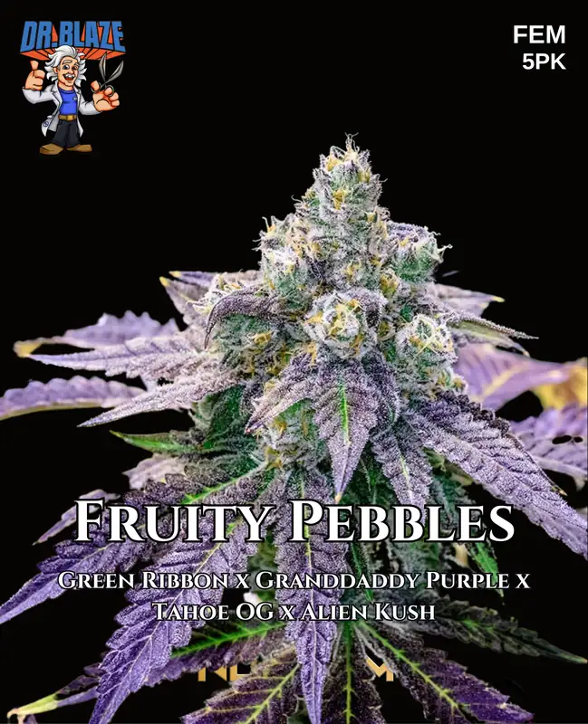 Image of Fruity Pebbles OG S1 cannabis seeds packaging by Dr. Blaze
