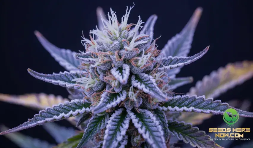 Seeds Here Now Price(space)Beater Guarantee: We'Ll Beat Any Price By $10 (Here'S Why We Can) – Close(space)up of a frosty cannabis cola with vibrant trichomes and purple hues.