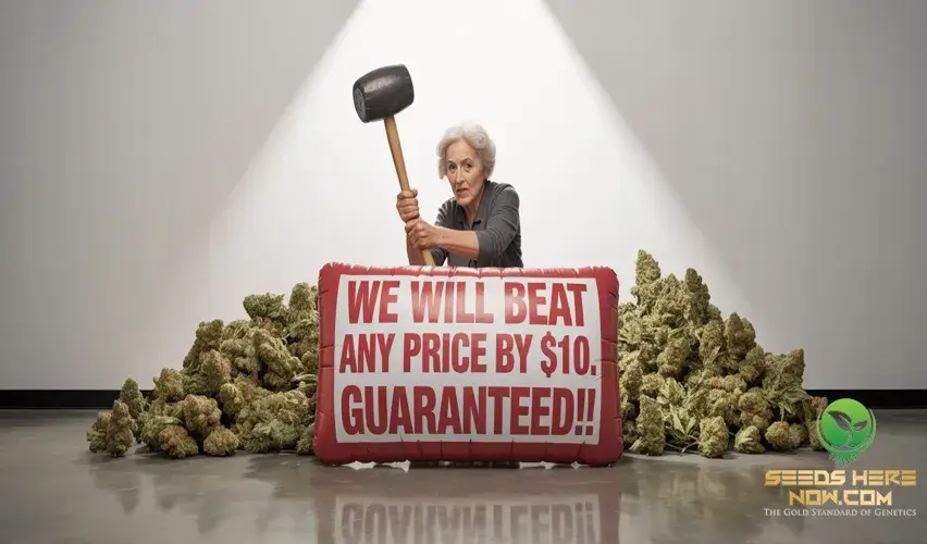 Seeds Here Now Price(space)Beater Guarantee: We'Ll Beat Any Price By $10 (Here'S Why We Can) – Elderly woman with hammer and a giant sign reading "We Will Beat Any Price by $10. Guaranteed" in front of a pile of cannabis.
