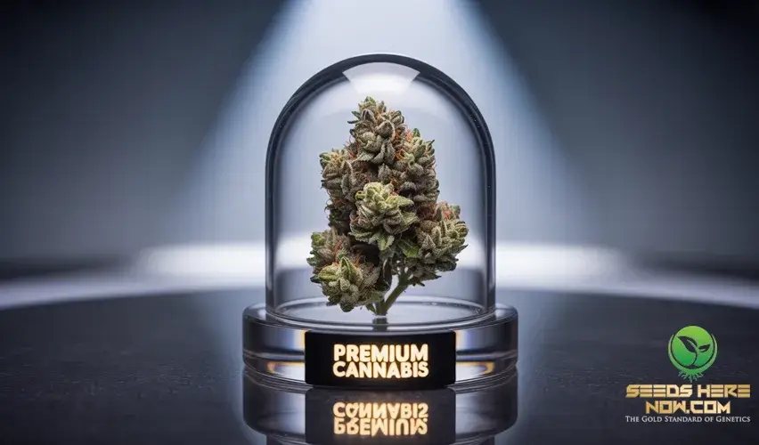Seeds Here Now Price(space)Beater Guarantee: We'Ll Beat Any Price By $10 (Here'S Why We Can) – A single cannabis bud under a glass dome labeled "Premium Cannabis".