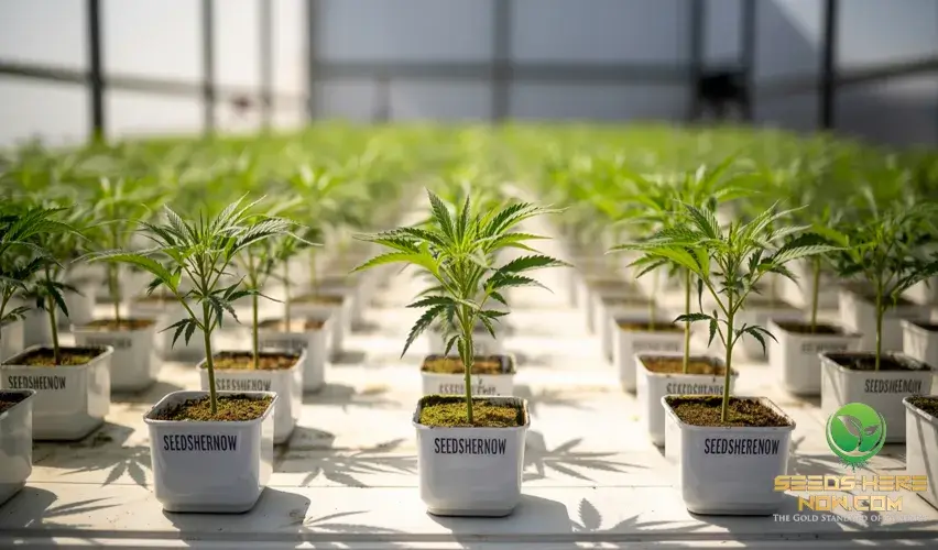 Seeds Here Now Price(space)Beater Guarantee: We'Ll Beat Any Price By $10 (Here'S Why We Can) – Organized cannabis seedlings growing in labeled trays with "SeedsHereNow" branding.