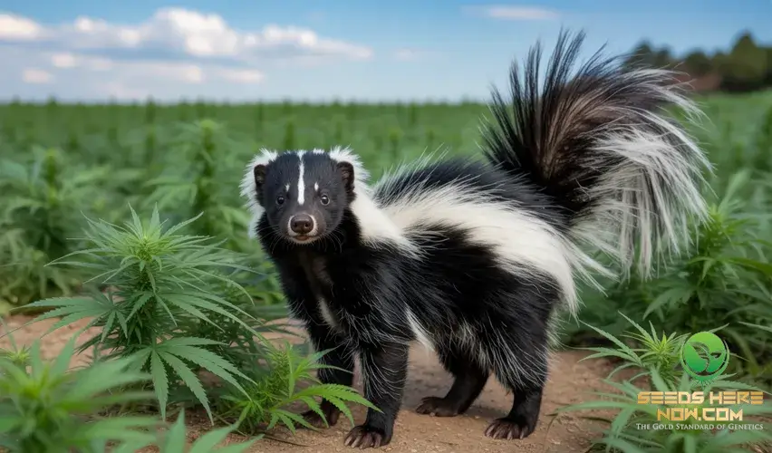 Seeds Here Now Price(space)Beater Guarantee: We'Ll Beat Any Price By $10 (Here'S Why We Can) – Skunk standing in a cannabis field.