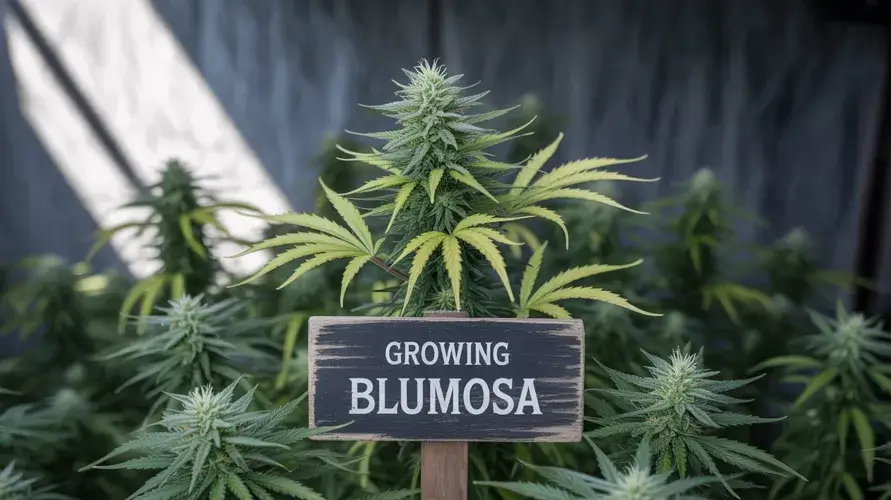Blumosa Strain Review: Blue Cookies X Mimosa Genetics That Hit Different – Cannabis plant labeled 'Growing Blumosa'