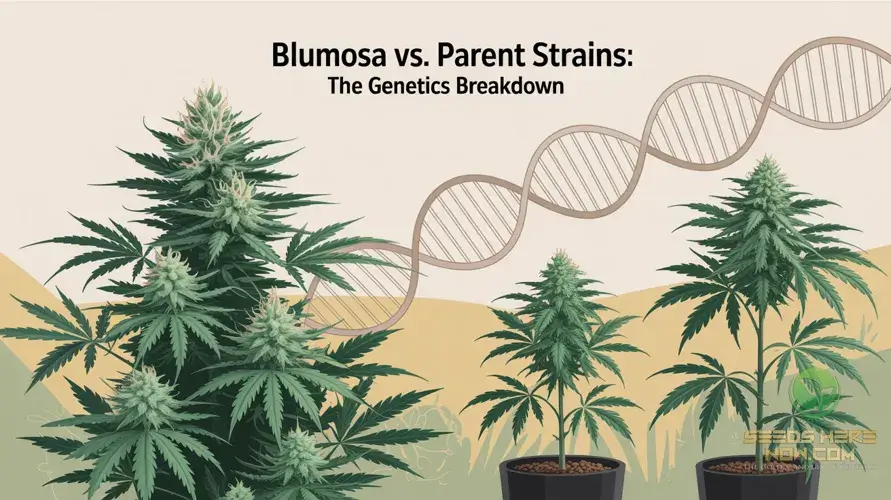 Blumosa Strain Review: Blue Cookies X Mimosa Genetics That Hit Different – Cannabis genetics comparison illustration.
