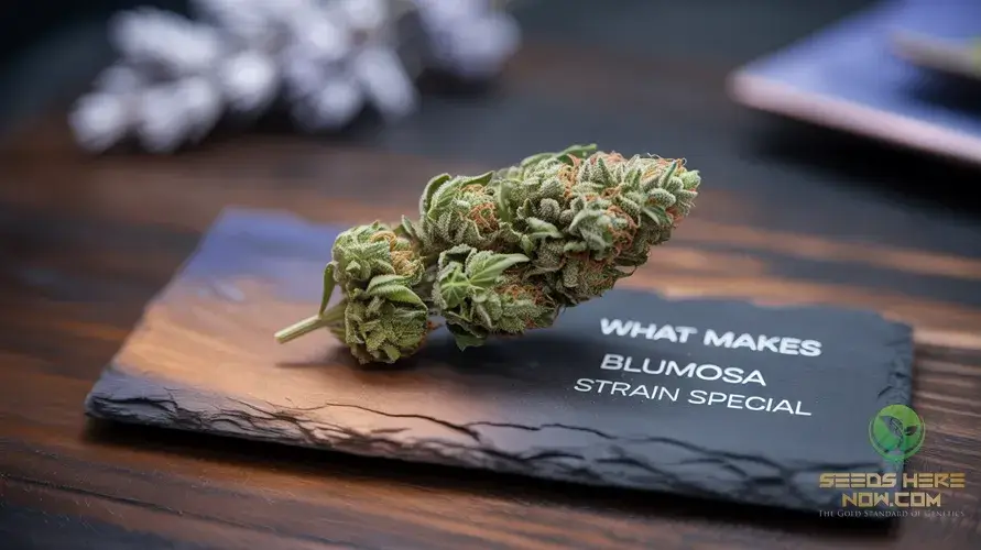 Blumosa Strain Review: Blue Cookies X Mimosa Genetics That Hit Different – Cannabis bud on informational card