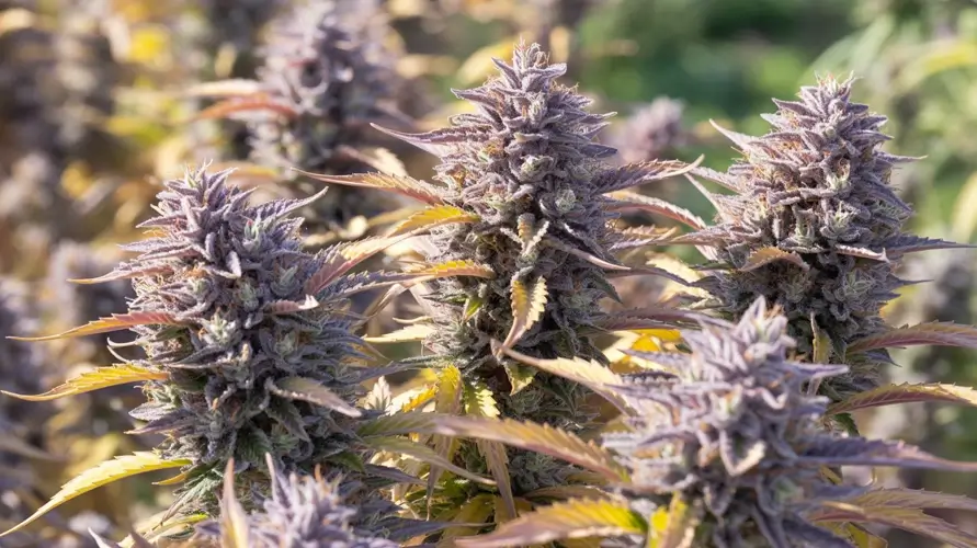 Purple cannabis plants in sunlight