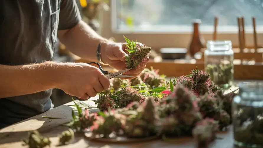 Person trimming Rainbow Zangria buds