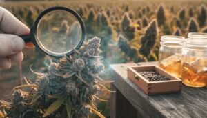 Blueberry(space)feminized cannabis buds with deep purple(space)blue hues and frosty trichomes being inspected by a breeder outdoors beside a wooden seed box and jars of rosin