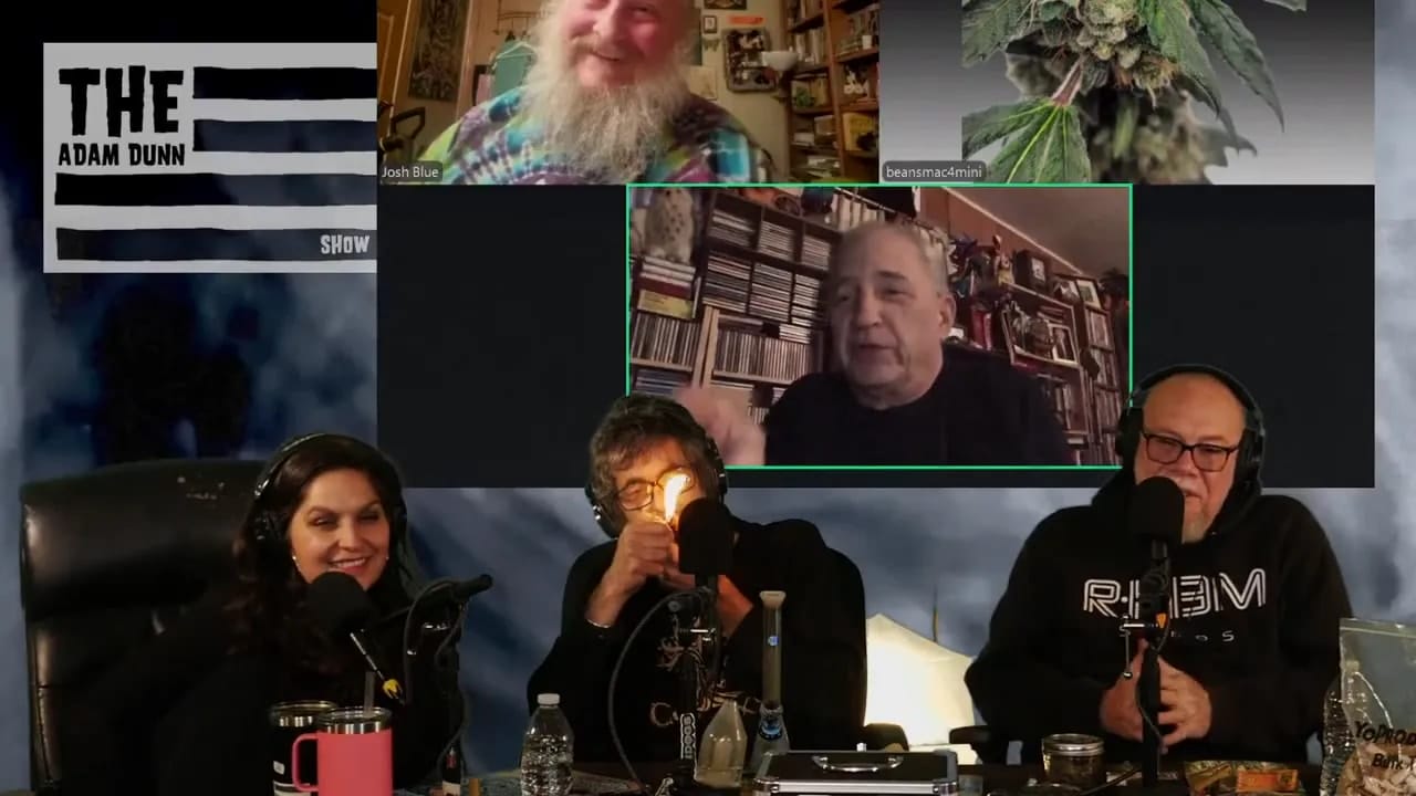 Crisp podcast studio shot showing three hosts at a table and a remote guest in a framed thumbnail, with a cannabis bud image at the top right.