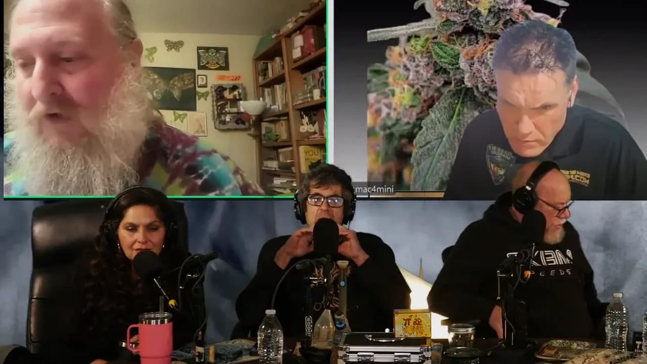 Podcast panel with central host gesturing around a microphone and two remote guests visible on large screens above; clear view of hosts and equipment.